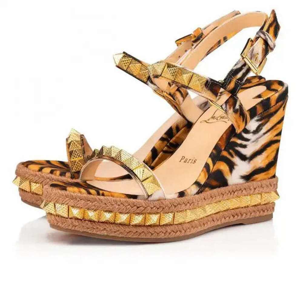 Christian Louboutin Pyraclou 110 Toile Bengale Tiger Wedge Sandal Size 40